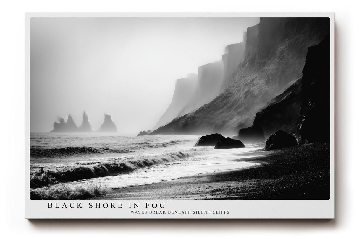 Paul Sinus Wandbild 120x80cm Black Shore in Fog dramatische schwarz weiß Küstenlandschaft Meer und Klippen Natur Fotokunst Poster für Wohnzimmer Büro