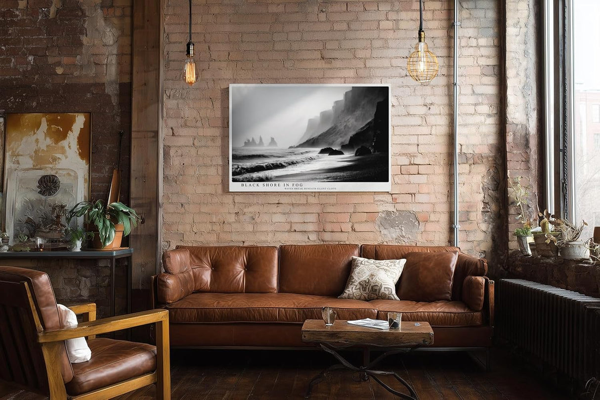 Paul Sinus Wandbild 120x80cm Black Shore in Fog dramatische schwarz weiß Küstenlandschaft Meer und Klippen Natur Fotokunst Poster für Wohnzimmer Büro