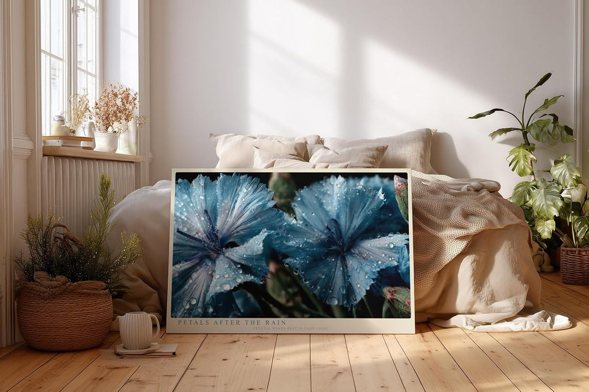 Paul Sinus Wandbild 120x80cm Blaue Blüten Makrofotografie Natur Kunst mit Wassertropfen für Wohnzimmer Schlafzimmer Spa