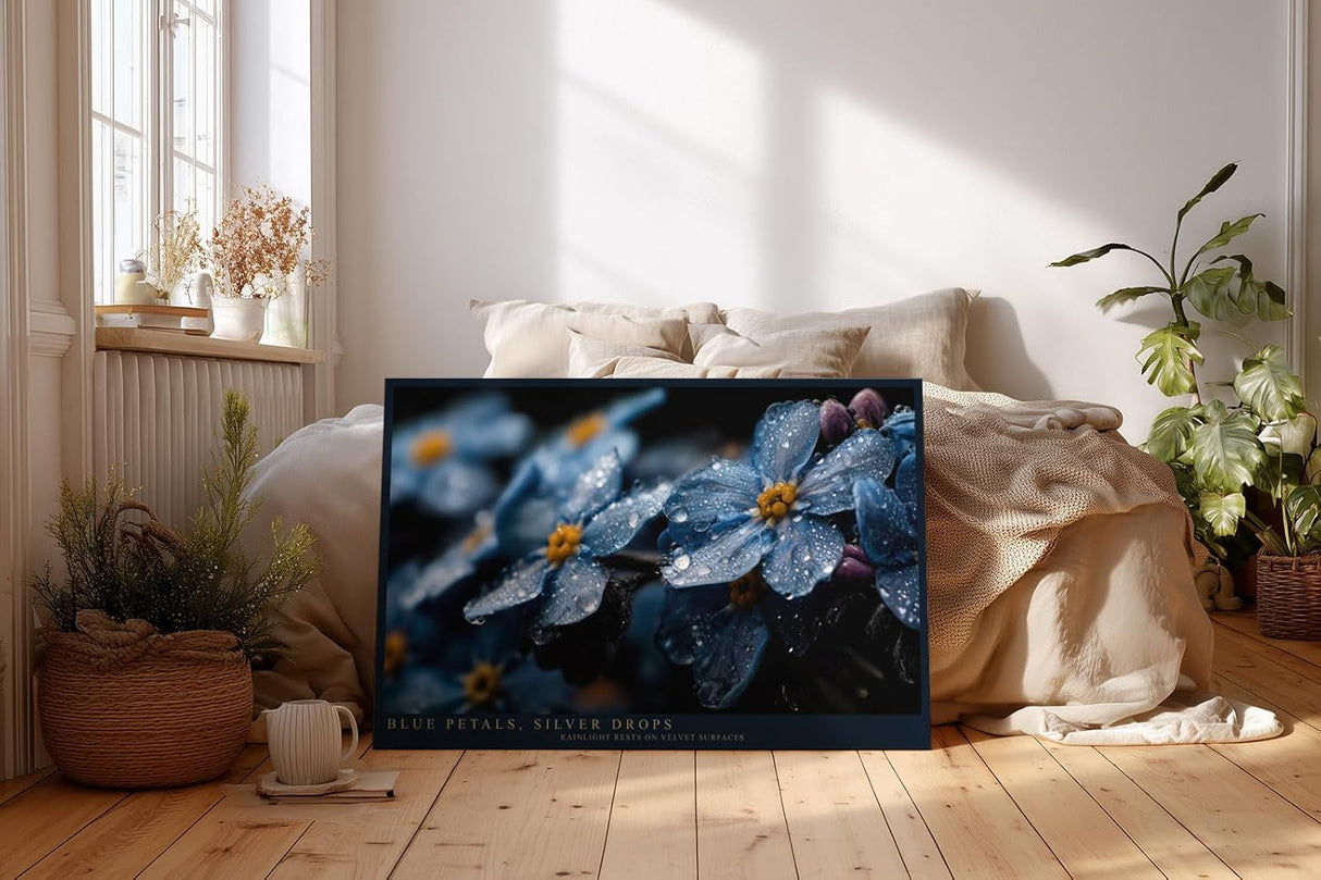 Paul Sinus Wandbild 120x80cm Blaue Blüten mit Regentropfen Makrofotografie Natur Kunst für Wohnzimmer Schlafzimmer Bad