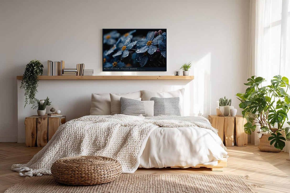 Paul Sinus Wandbild 120x80cm Blaue Blüten mit Regentropfen Makrofotografie Natur Kunst für Wohnzimmer Schlafzimmer Bad