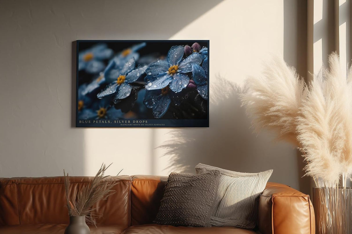 Paul Sinus Wandbild 120x80cm Blaue Blüten mit Regentropfen Makrofotografie Natur Kunst für Wohnzimmer Schlafzimmer Bad