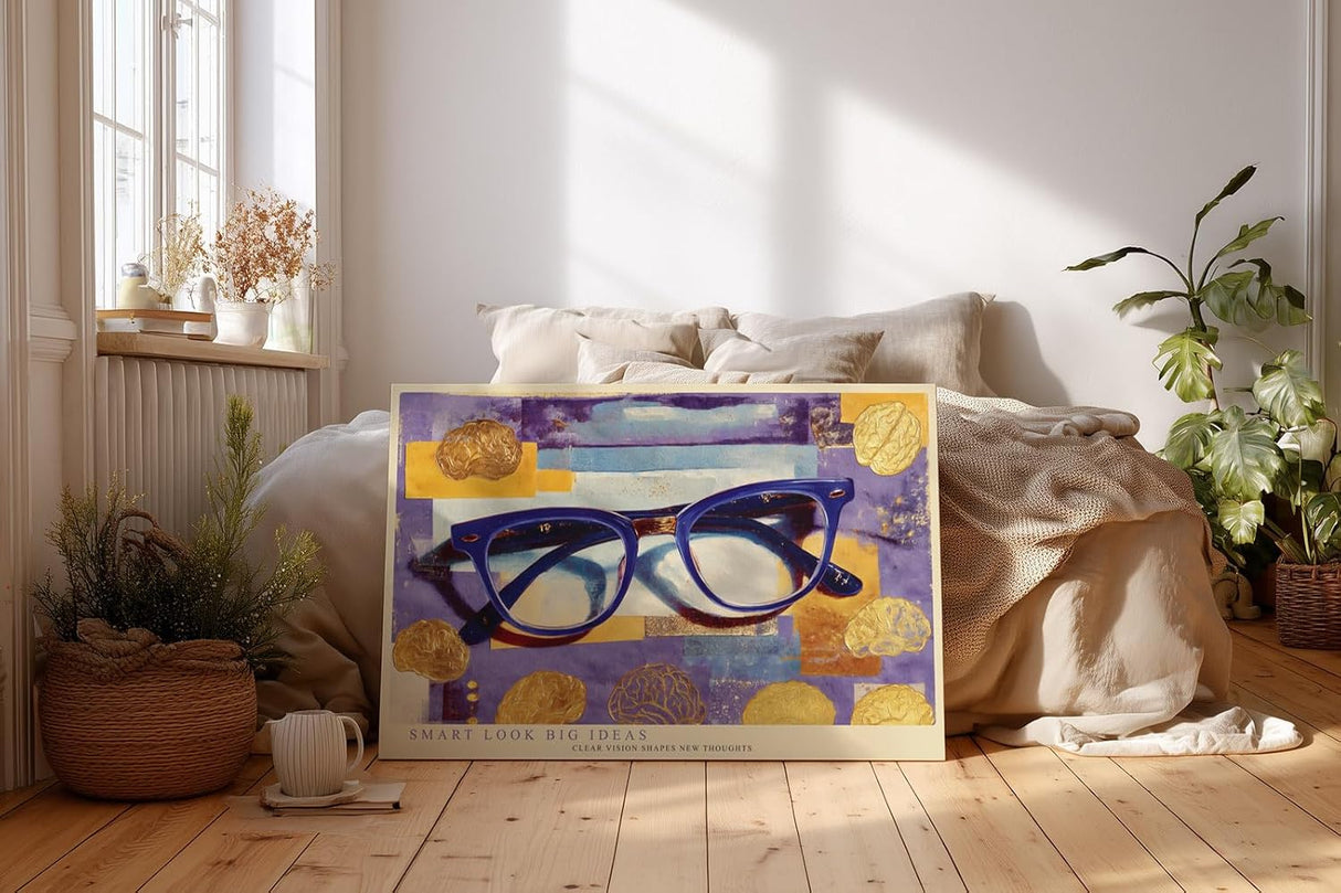Paul Sinus Wandbild 120x80cm Blaue Brille mit abstraktem Hintergrund – Kreatives Designmotiv für moderne Büros und Wohnräume