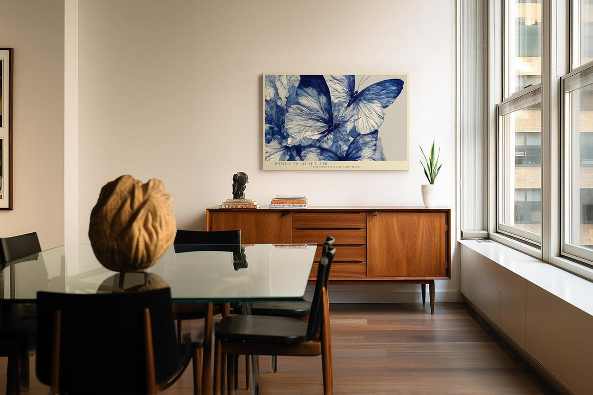 Paul Sinus Wandbild 120x80cm Blaue Schmetterlinge Moderne Natur Illustration in Blau Weiß für Wohnzimmer Schlafzimmer Büro