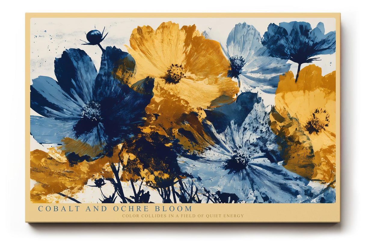 Paul Sinus Wandbild 120x80cm Blaue und Goldene Blumen Abstrakte Florale Kunst Modernes Blumenmotiv fuer Wohnzimmer Schlafzimmer und Essbereich