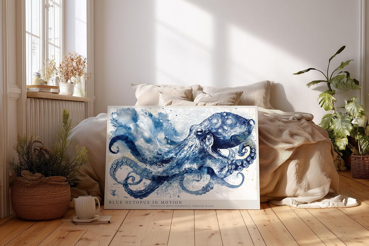 Paul Sinus Wandbild 120x80cm Blue Octopus in Motion Oktopus Illustration maritime Tier Kunst Poster für Wohnzimmer Büro
