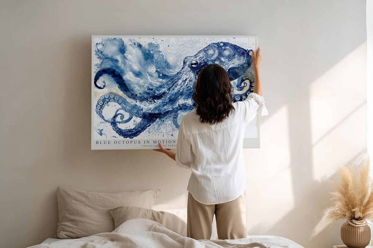 Paul Sinus Wandbild 120x80cm Blue Octopus in Motion Oktopus Illustration maritime Tier Kunst Poster für Wohnzimmer Büro