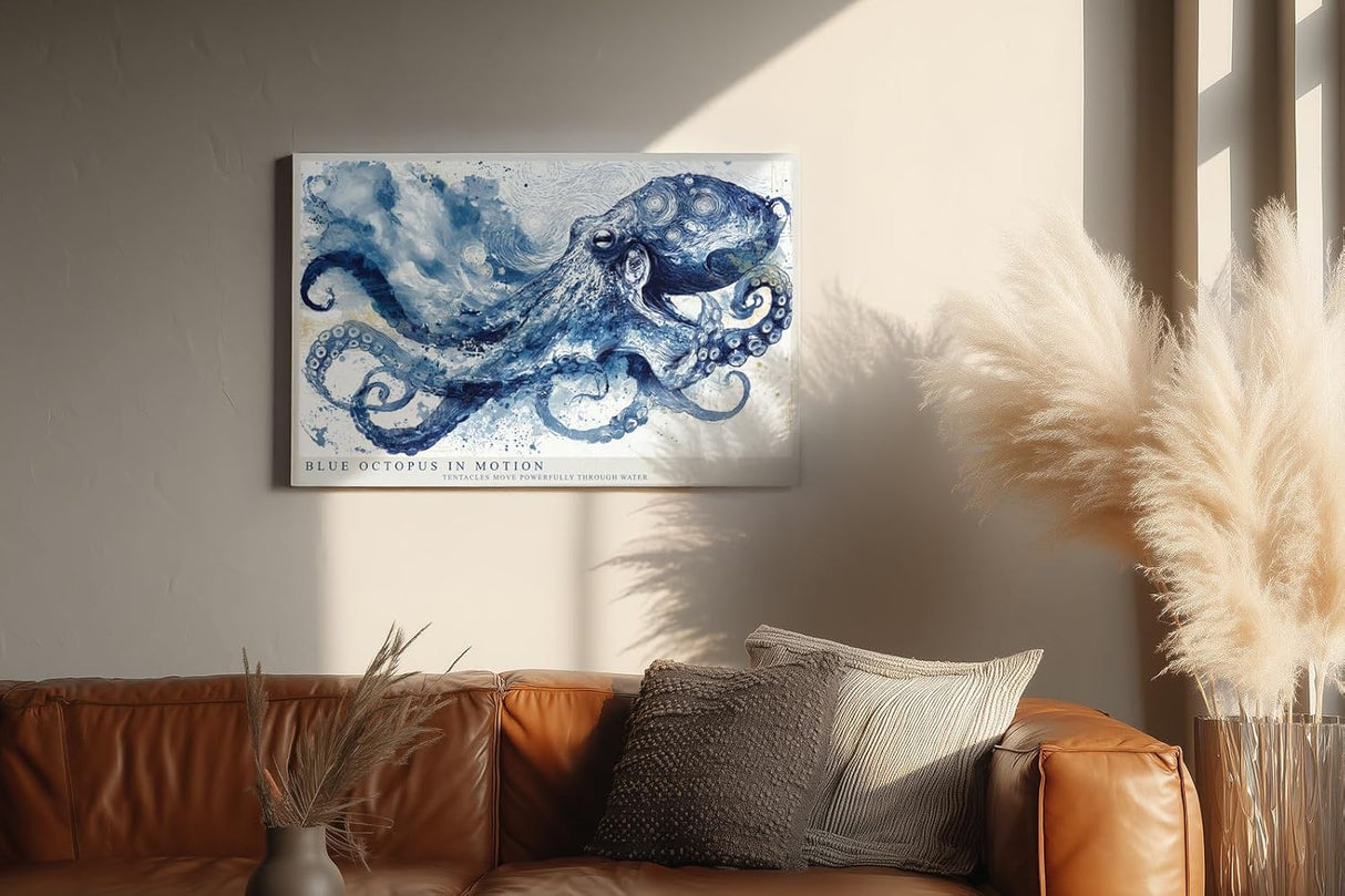Paul Sinus Wandbild 120x80cm Blue Octopus in Motion Oktopus Illustration maritime Tier Kunst Poster für Wohnzimmer Büro