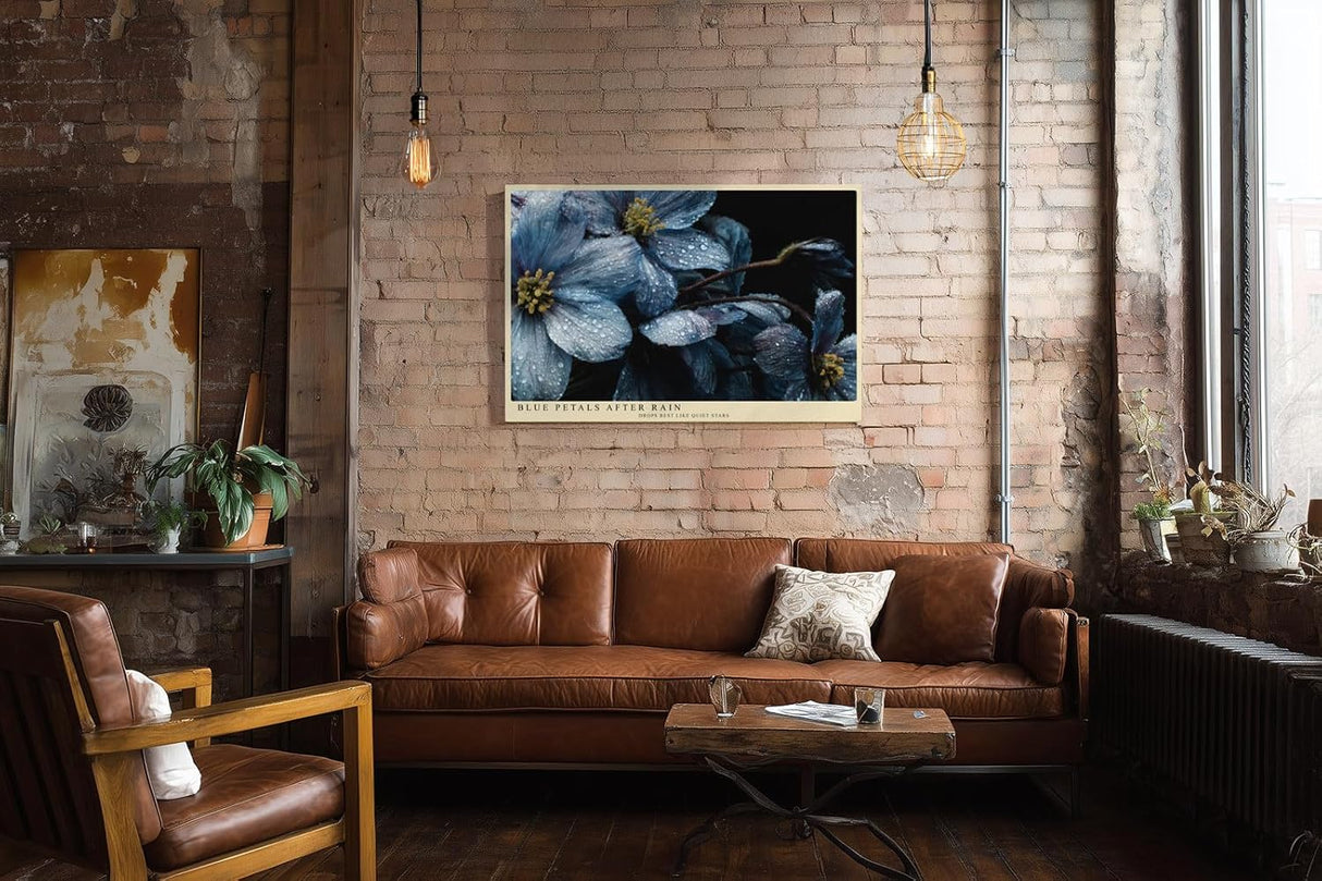 Paul Sinus Wandbild 120x80cm Blue Petals After Rain blaue Blumen Makro Fotokunst mit Wassertropfen moderne Natur Poster für Wohnzimmer Schlafzimmer