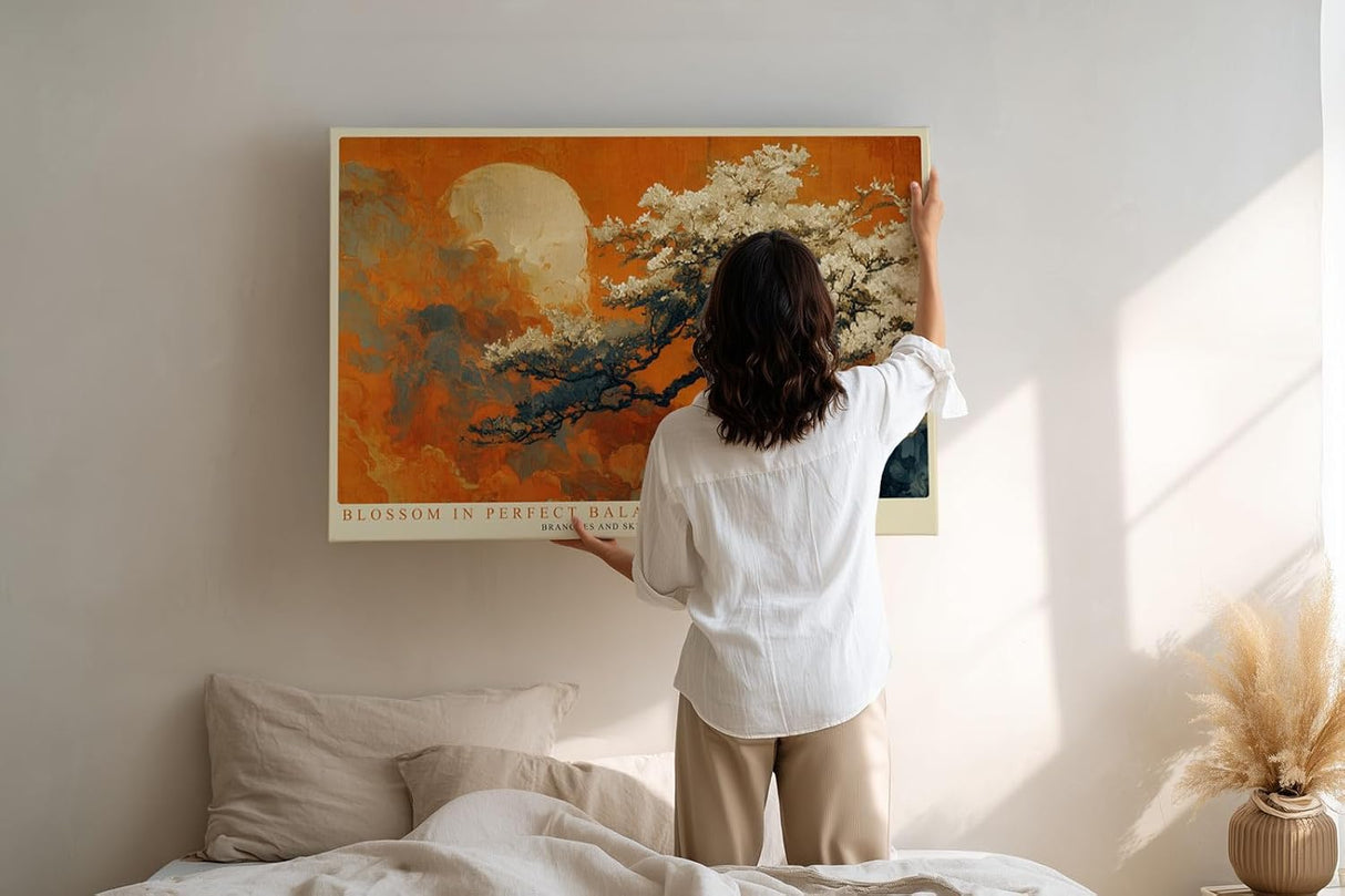 Paul Sinus Wandbild 120x80cm Bluetenbaum Landschaft Kunst in Warmen Orange und Naturtoenen Ruhige Natur Wanddekoration fuer Wohnzimmer Schlafzimmer und Büro