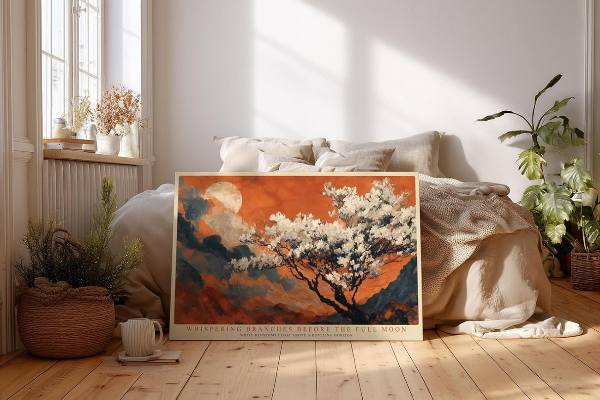 Paul Sinus Wandbild 120x80cm Bluetenbaum Vollmond Berglandschaft Natur Kunstmotiv Abendliche Landschaft mit weissen Blueten