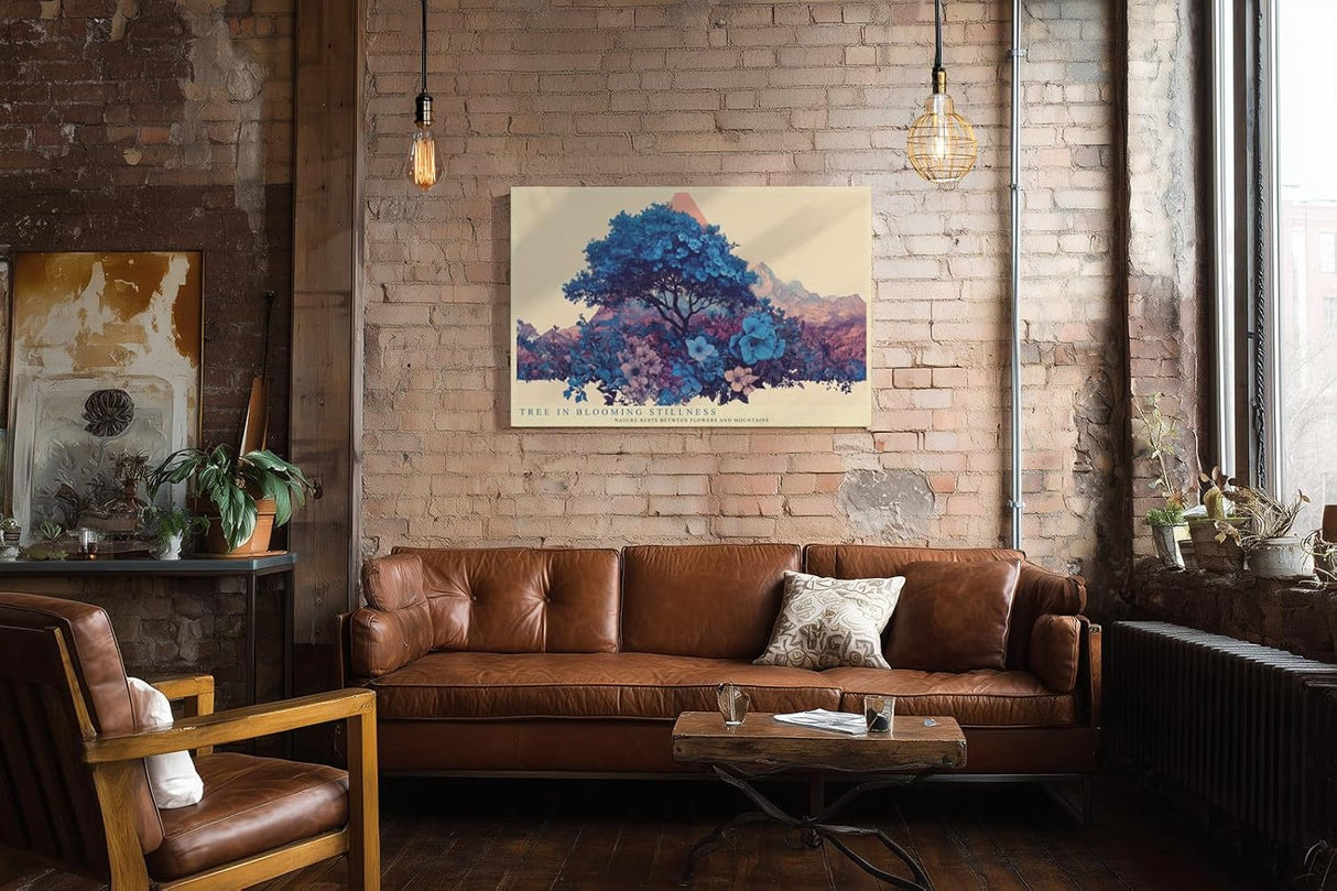 Paul Sinus Wandbild 120x80cm blühender Baum Landschaft Illustration in Blau mit Blumen moderne Naturkunst stilvolles Kunstbild für Wohnzimmer Büro