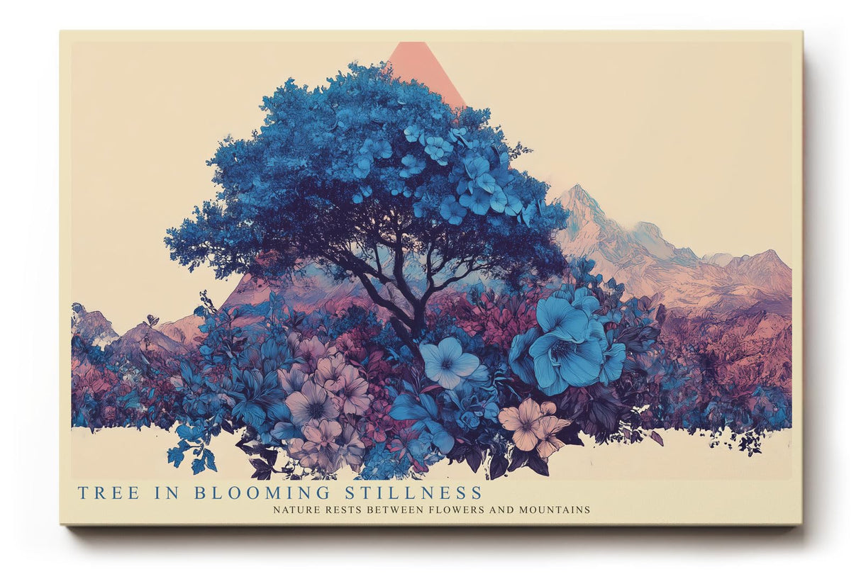 Paul Sinus Wandbild 120x80cm blühender Baum Landschaft Illustration in Blau mit Blumen moderne Naturkunst stilvolles Kunstbild für Wohnzimmer Büro