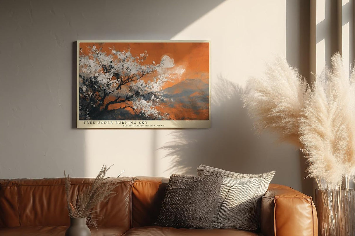 Paul Sinus Wandbild 120x80cm Blühender Baum Landschaft Kunst in Orange Weiß und Grau Modernes Naturmotiv für Wohnzimmer Büro und Flur