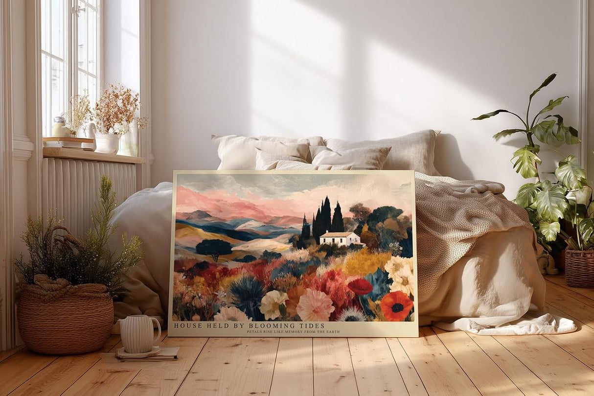 Paul Sinus Wandbild 120x80cm Blumen Landschaft Haus Natur Kunstmotiv Farbenreiche Landschaft mit Blumenfeld und Landhaus