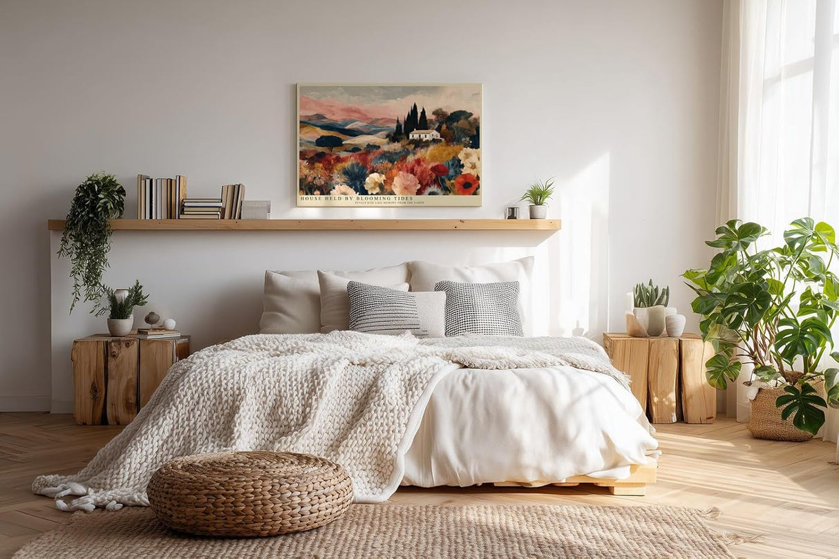 Paul Sinus Wandbild 120x80cm Blumen Landschaft Haus Natur Kunstmotiv Farbenreiche Landschaft mit Blumenfeld und Landhaus