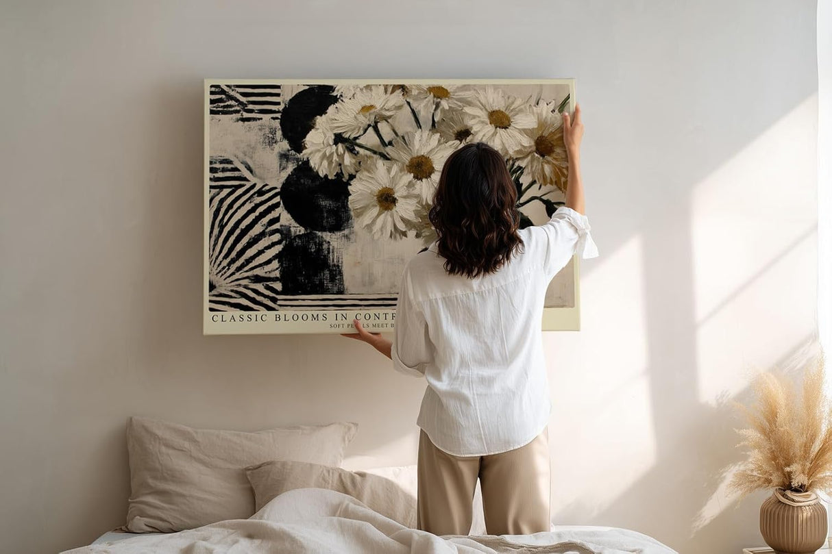 Paul Sinus Wandbild 120x80cm Blumen Stillleben modern weiss schwarz grafische Kunst Kunstdruck grosses Kunstbild elegante Wanddekoration fuer Wohnzimmer Büro Flur