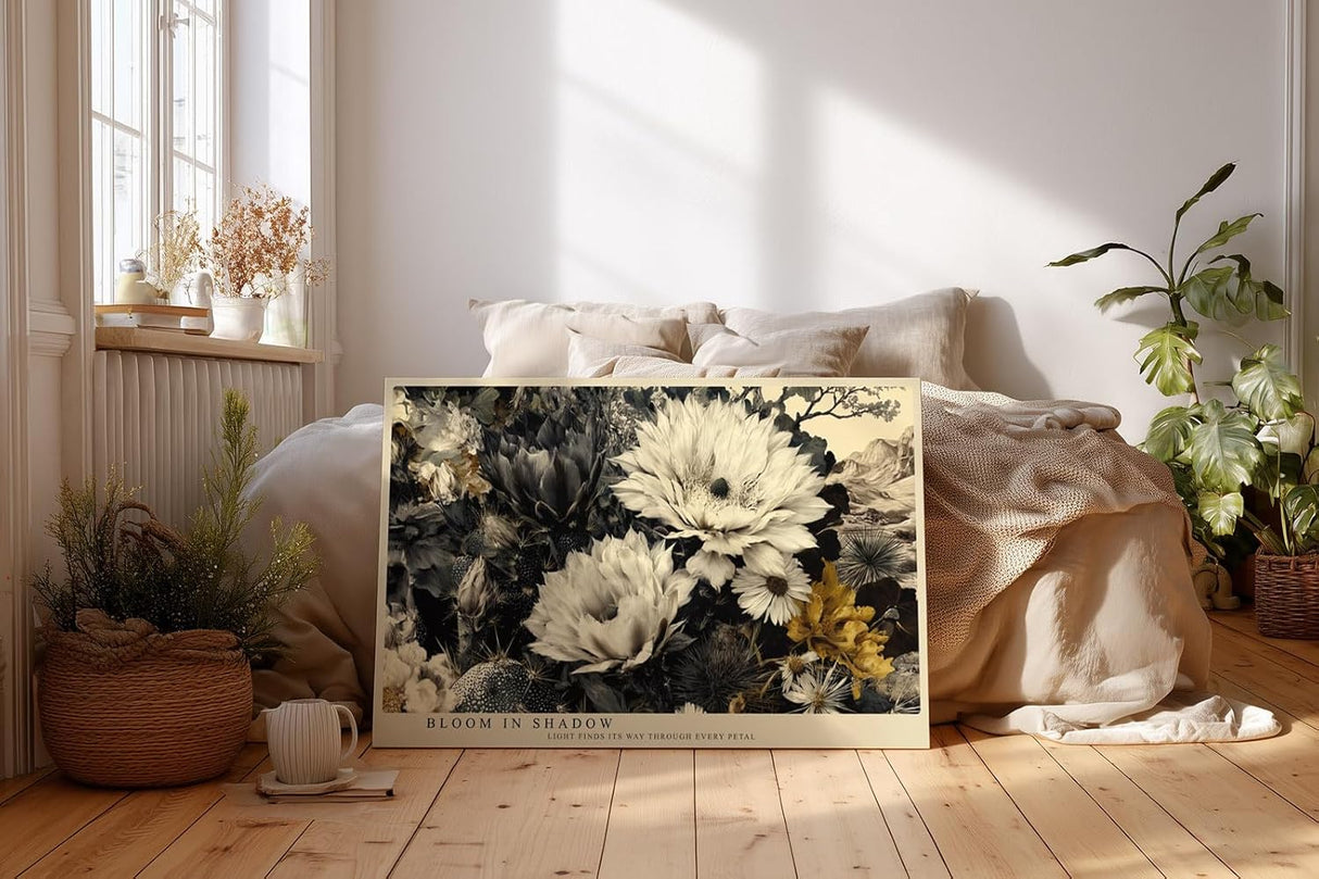 Paul Sinus Wandbild 120x80cm Blumen Stillleben schwarz weiss gold florale Kunst elegante Wanddekoration fuer Wohnzimmer Büro
