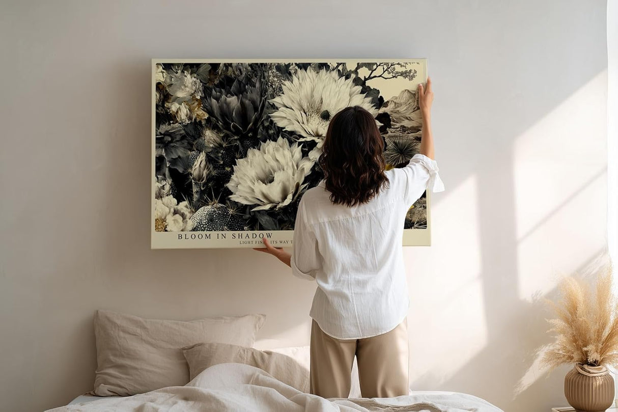 Paul Sinus Wandbild 120x80cm Blumen Stillleben schwarz weiss gold florale Kunst elegante Wanddekoration fuer Wohnzimmer Büro