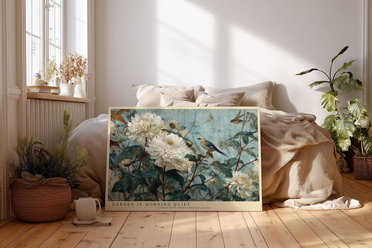 Paul Sinus Wandbild 120x80cm Blumen und Vogel Garten Szene Klassische Natur Kunst in Blau Grün und Weiß für Wohnzimmer Schlafzimmer Büro