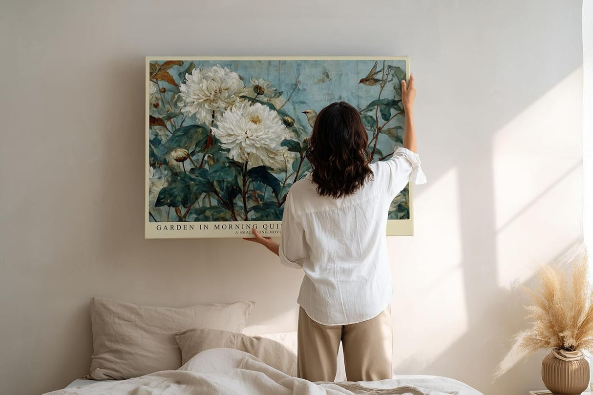Paul Sinus Wandbild 120x80cm Blumen und Vogel Garten Szene Klassische Natur Kunst in Blau Grün und Weiß für Wohnzimmer Schlafzimmer Büro