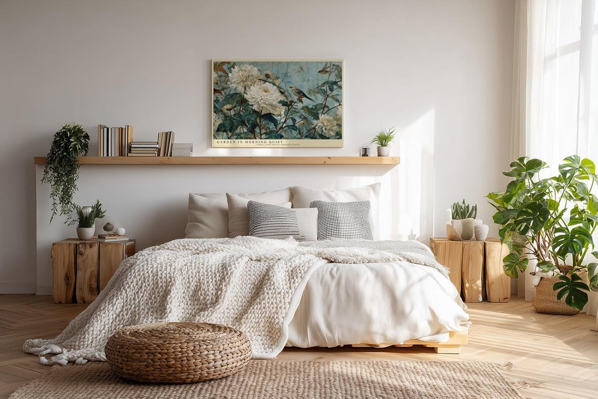 Paul Sinus Wandbild 120x80cm Blumen und Vogel Garten Szene Klassische Natur Kunst in Blau Grün und Weiß für Wohnzimmer Schlafzimmer Büro