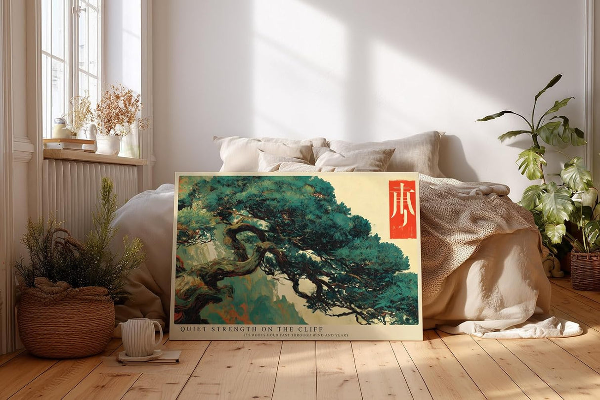 Paul Sinus Wandbild 120x80cm Bonsai Baum Kunst Asiatische Natur Illustration in Grün und Beige für Wohnzimmer Büro und Flur