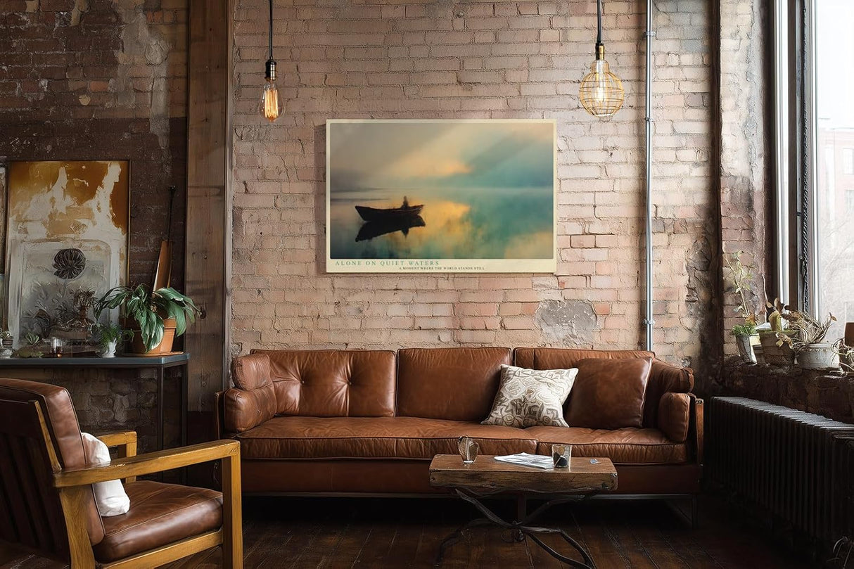 Paul Sinus Wandbild 120x80cm Boot auf See Sonnenaufgang moderne Naturkunst ruhige Wasserlandschaft grosses Kunstbild stilvolle Wanddekoration fuer Wohnzimmer Büro