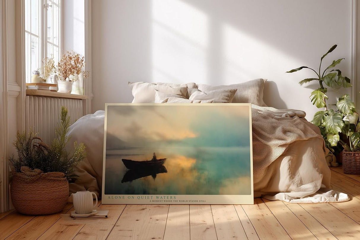 Paul Sinus Wandbild 120x80cm Boot auf See Sonnenaufgang moderne Naturkunst ruhige Wasserlandschaft grosses Kunstbild stilvolle Wanddekoration fuer Wohnzimmer Büro
