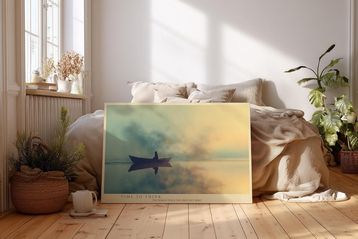 Paul Sinus Wandbild 120x80cm Boot auf stillem See Nebel Landschaft ruhige Naturfotografie sanfte Farben moderne Wanddekoration fuer Wohnzimmer Büro
