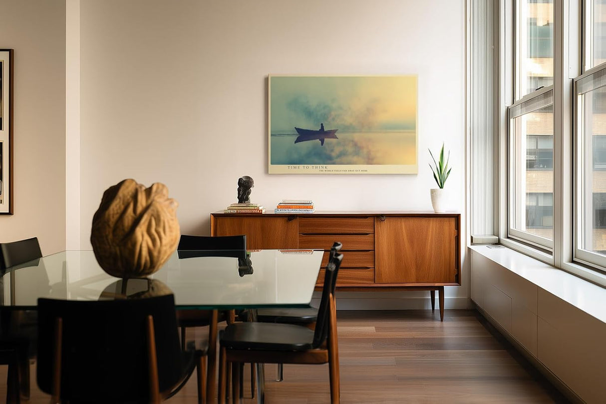 Paul Sinus Wandbild 120x80cm Boot auf stillem See Nebel Landschaft ruhige Naturfotografie sanfte Farben moderne Wanddekoration fuer Wohnzimmer Büro