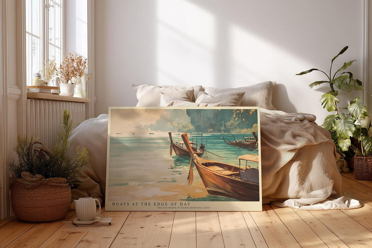 Paul Sinus Wandbild 120x80cm Boote am Meer Küsten Landschaft Kunst in Blau und Gold für Wohnzimmer Büro und Schlafzimmer
