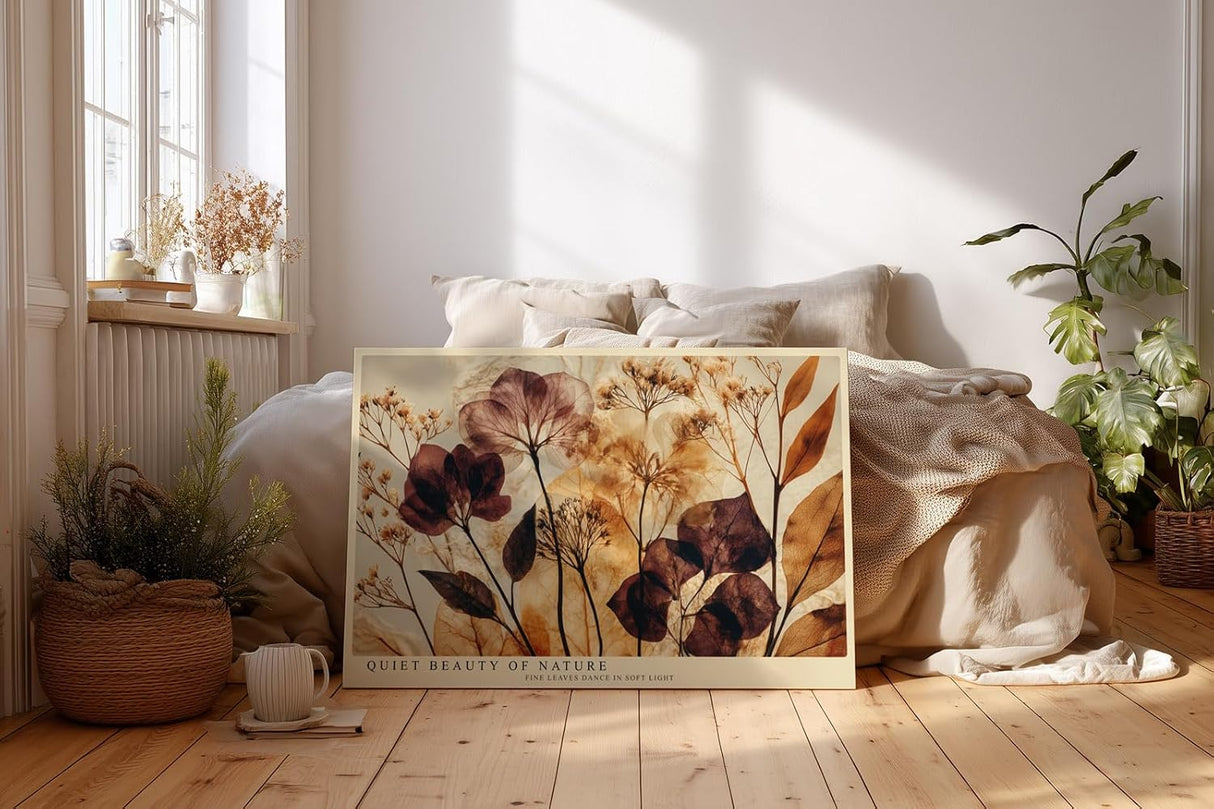 Paul Sinus Wandbild 120x80cm Botanische Blätter Kunst in Braun Beige und Gold Natur Illustration für Wohnzimmer Schlafzimmer Büro