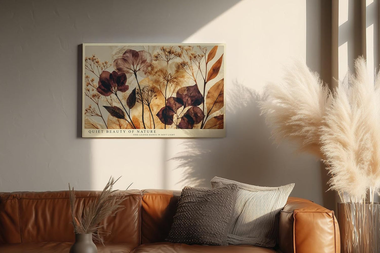 Paul Sinus Wandbild 120x80cm Botanische Blätter Kunst in Braun Beige und Gold Natur Illustration für Wohnzimmer Schlafzimmer Büro
