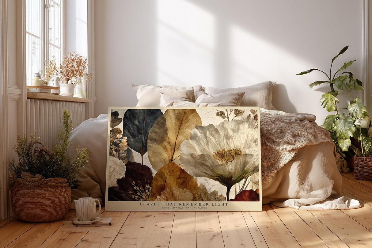 Paul Sinus Wandbild 120x80cm Botanische Blumen und Blätter Komposition Natur Kunst in Beige Braun und Creme für Wohnzimmer Schlafzimmer und Büro