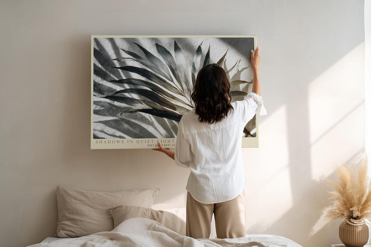 Paul Sinus Wandbild 120x80cm botanisches Blatt Schatten Fotokunst modern beige grau minimalistisch Kunstdruck grosses Natur Kunstbild stilvolle Wanddekoration fuer Wohnzimmer Büro