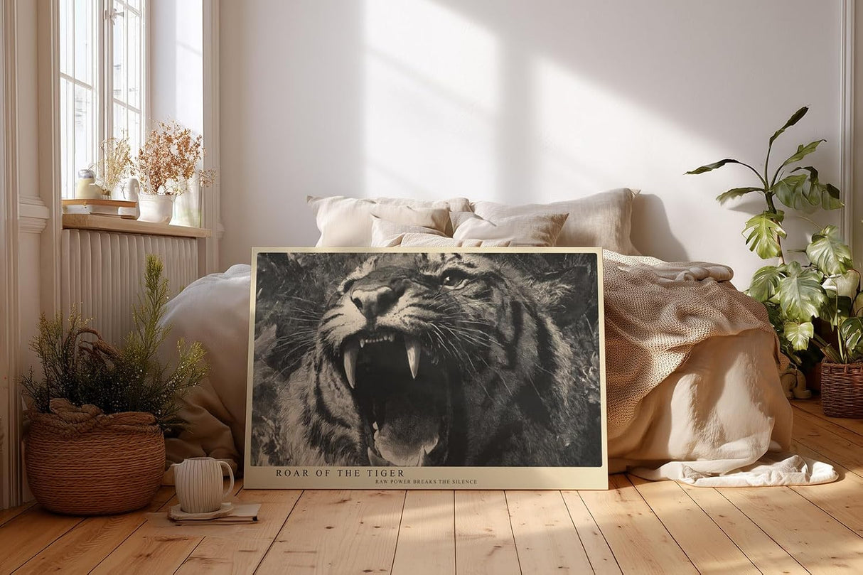 Paul Sinus Wandbild 120x80cm Brüllender Tiger Tierkunst LeinWandbild 120x80cm Kraftvolles Wildtier Motiv Wanddekoration