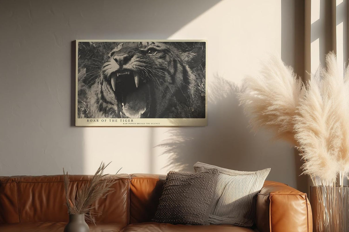Paul Sinus Wandbild 120x80cm Brüllender Tiger Tierkunst LeinWandbild 120x80cm Kraftvolles Wildtier Motiv Wanddekoration