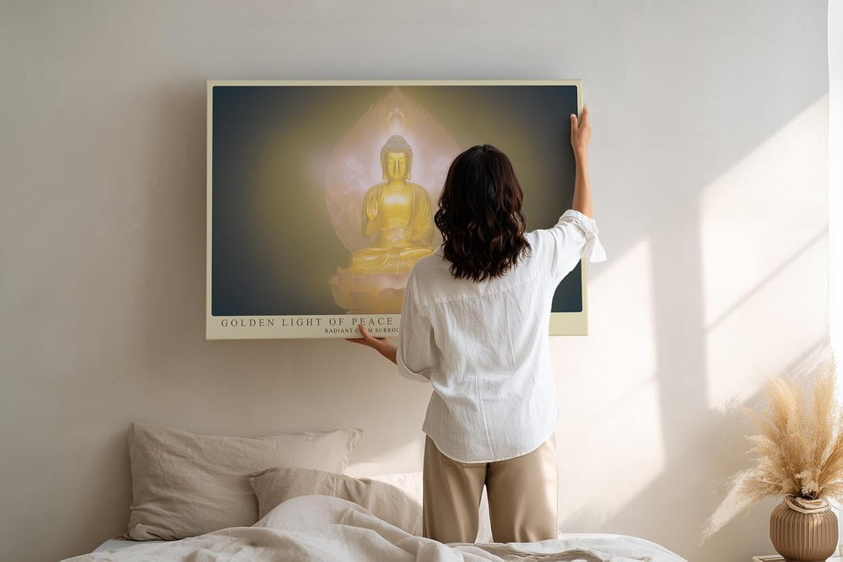 Paul Sinus Wandbild 120x80cm Buddha goldenes Licht spirituelle Meditation Kunst mit Lotusblüte ruhiges Zen Kunstbild elegante Wanddekoration für Wohnzimmer Yoga Raum