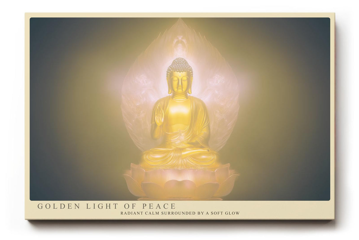 Paul Sinus Wandbild 120x80cm Buddha goldenes Licht spirituelle Meditation Kunst mit Lotusblüte ruhiges Zen Kunstbild elegante Wanddekoration für Wohnzimmer Yoga Raum