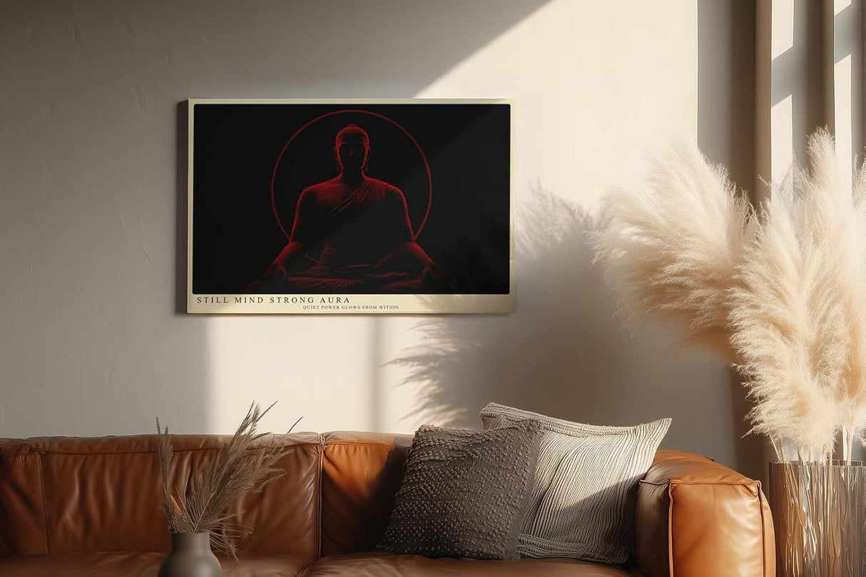 Paul Sinus Wandbild 120x80cm Buddha Meditation rote Aura spirituelle Zen Kunst minimalistische Dunkelheit Kunstdruck stilvolle Wanddekoration fuer Wohnzimmer Schlafzimmer Yoga Raum