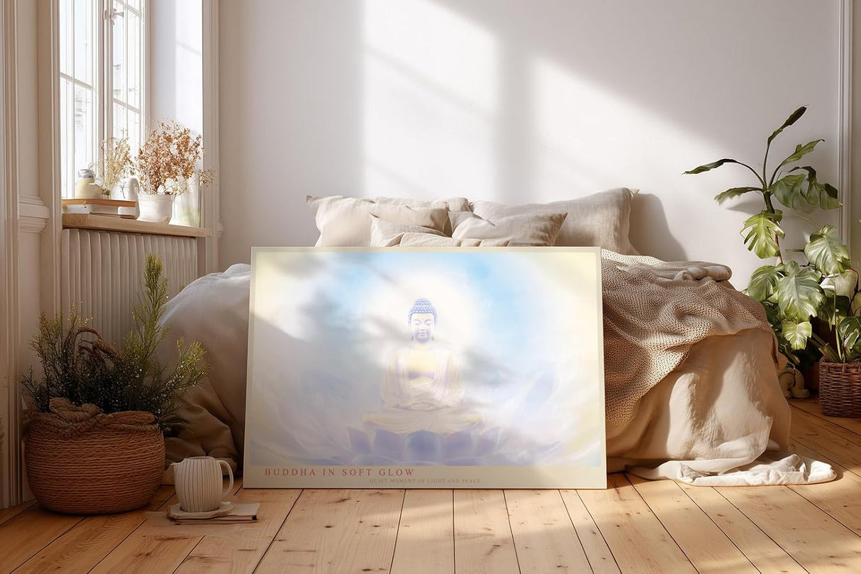 Paul Sinus Wandbild 120x80cm Buddha Meditation sanftes Licht spirituelle Zen Kunst Lotus Atmosphaere moderner Kunstdruck Wanddekoration fuer Wohnzimmer Yoga Raum Schlafzimmer