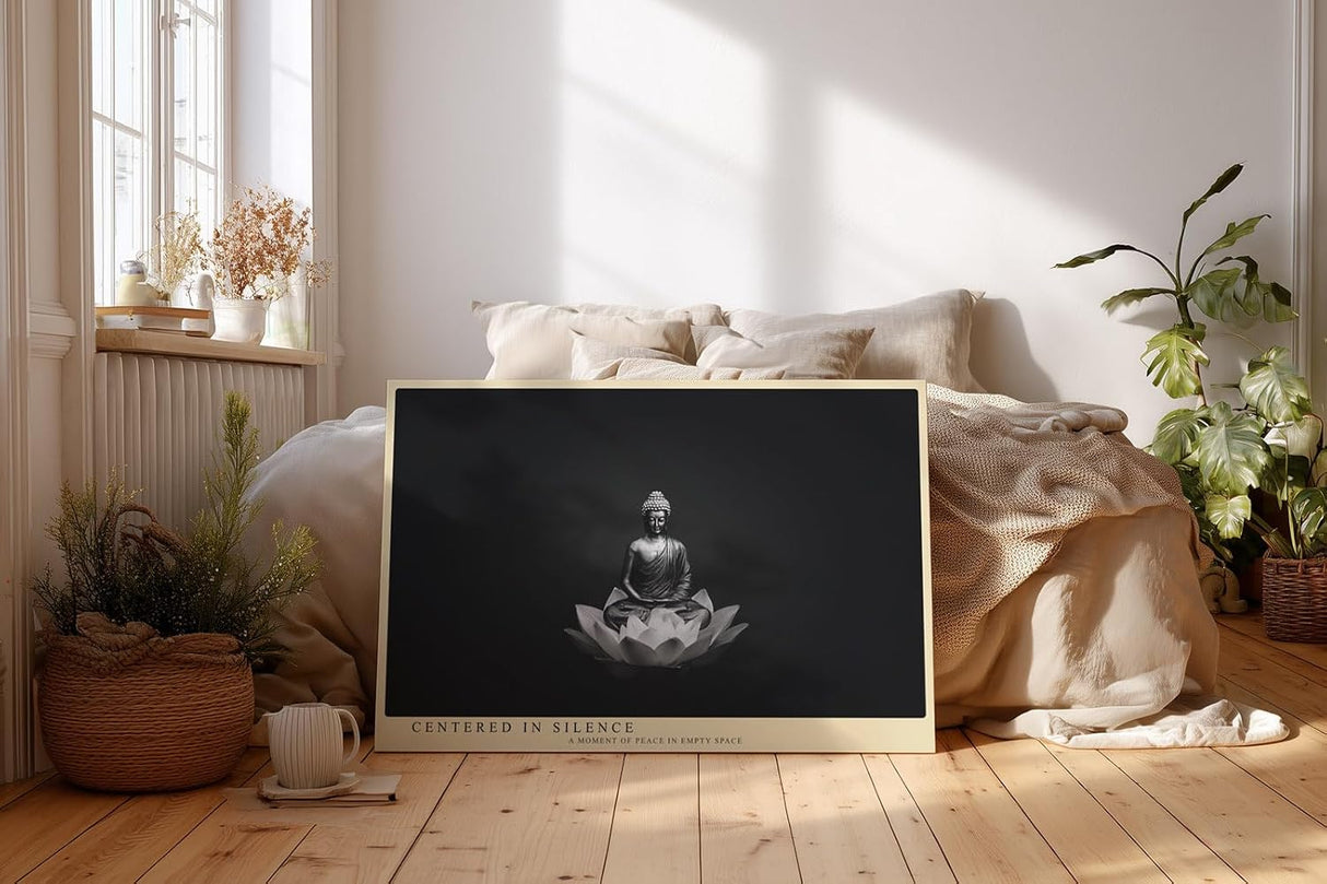 Paul Sinus Wandbild 120x80cm Buddha Meditation Schwarz Weiss Lotus moderne spirituelle Kunst ruhiges Zen Kunstbild elegante Wanddekoration für Wohnzimmer Yoga Raum