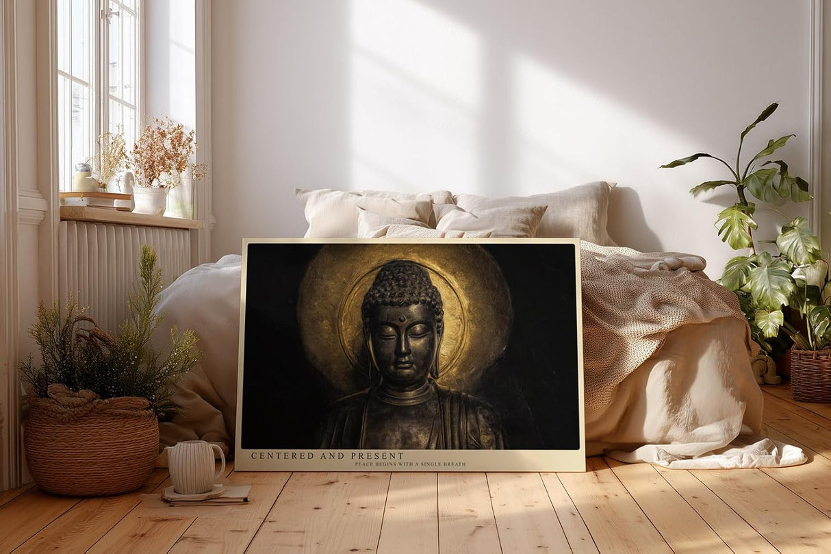 Paul Sinus Wandbild 120x80cm Buddha Statue Meditation spirituelle Kunst goldenes Licht ruhiges Zen Motiv stilvolle Wanddekoration fuer Wohnzimmer Büro