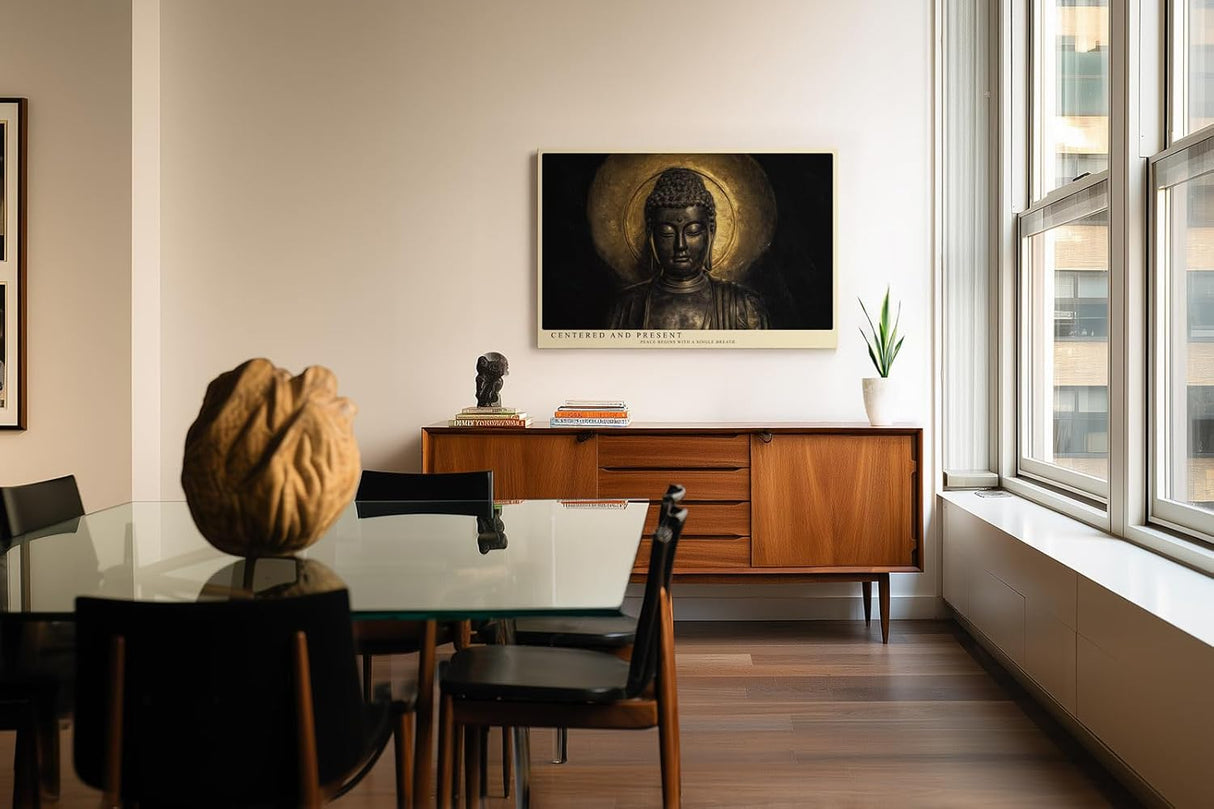 Paul Sinus Wandbild 120x80cm Buddha Statue Meditation spirituelle Kunst goldenes Licht ruhiges Zen Motiv stilvolle Wanddekoration fuer Wohnzimmer Büro