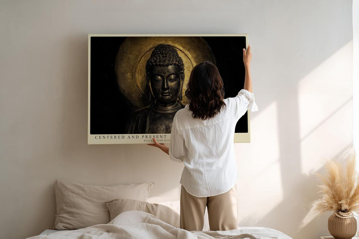 Paul Sinus Wandbild 120x80cm Buddha Statue Meditation spirituelle Kunst goldenes Licht ruhiges Zen Motiv stilvolle Wanddekoration fuer Wohnzimmer Büro