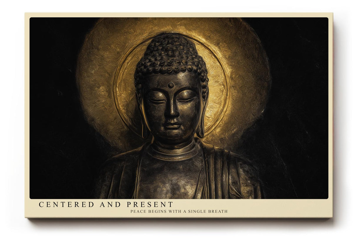 Paul Sinus Wandbild 120x80cm Buddha Statue Meditation spirituelle Kunst goldenes Licht ruhiges Zen Motiv stilvolle Wanddekoration fuer Wohnzimmer Büro