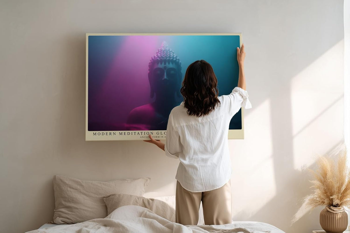 Paul Sinus Wandbild 120x80cm Buddha Statue modernes Neon Licht spirituelle Meditation Kunst pink blau mystisches Kunstbild für Wohnzimmer Yoga Raum