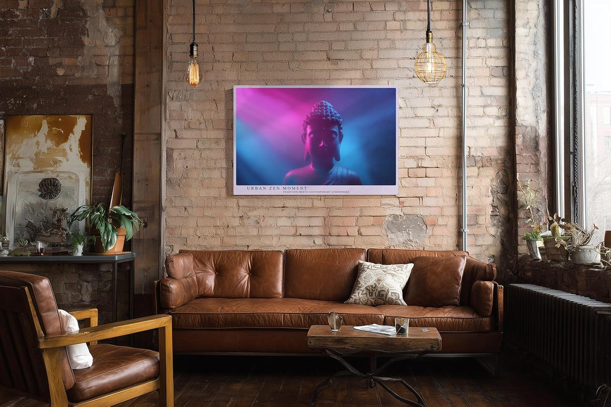 Paul Sinus Wandbild 120x80cm Buddha Statue Neon Licht moderne spirituelle Kunst pink blau meditatives Kunstbild für Wohnzimmer Yoga Raum