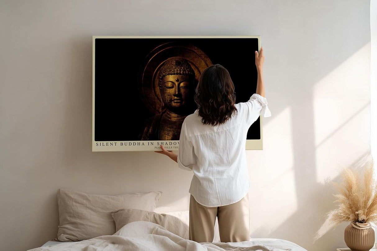 Paul Sinus Wandbild 120x80cm Buddha Statue Spirituelle Kunst Goldene Meditation Figur Zen Kunstdruck Poster Grosse Wanddekoration fuer Wohnzimmer Schlafzimmer Meditationraum